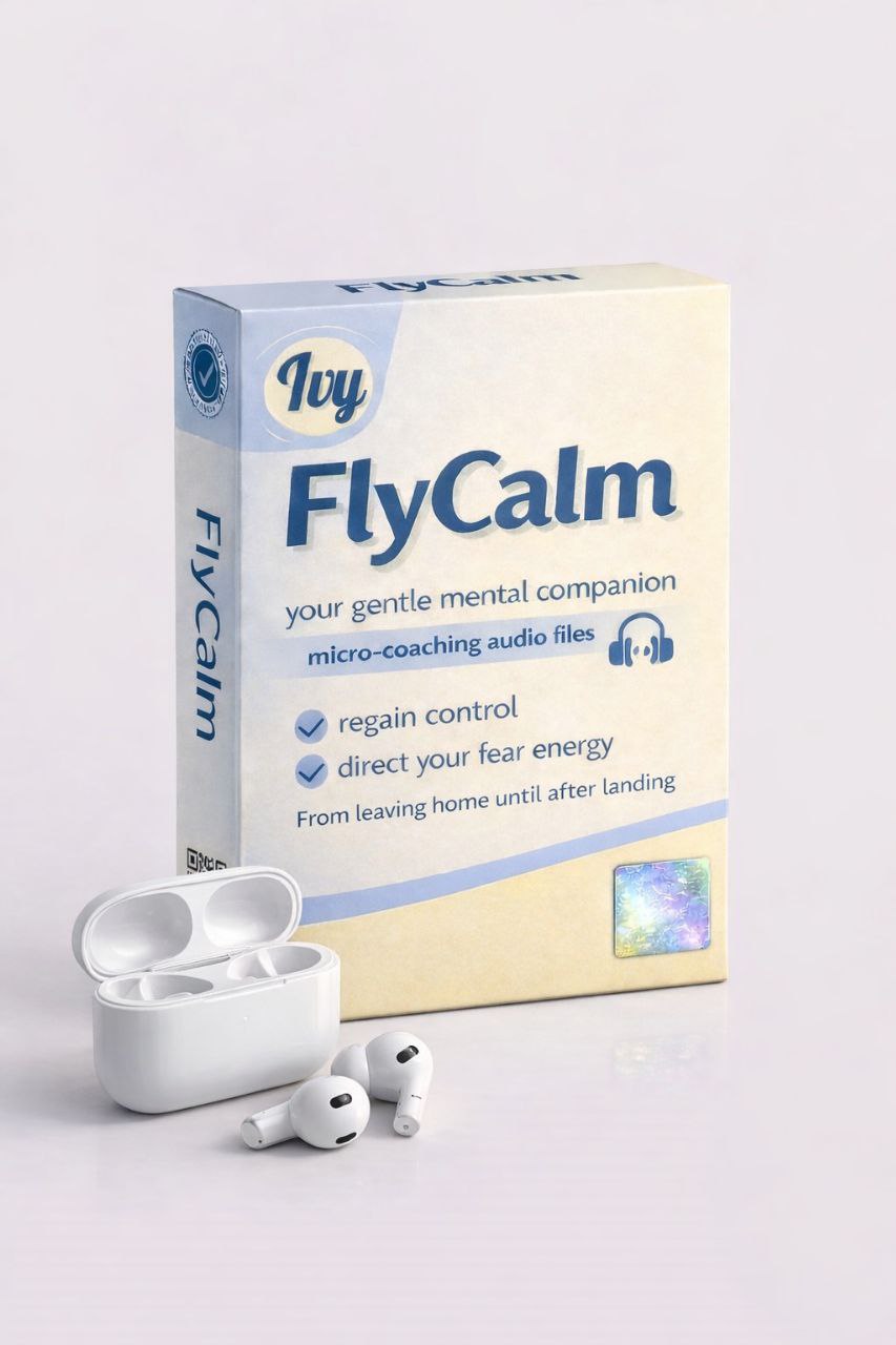 FlyCalm box with earbuds on a table
